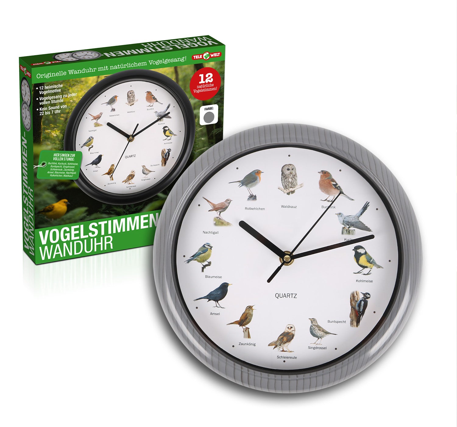 Telewelt Wanduhr mit Vogelstimmen