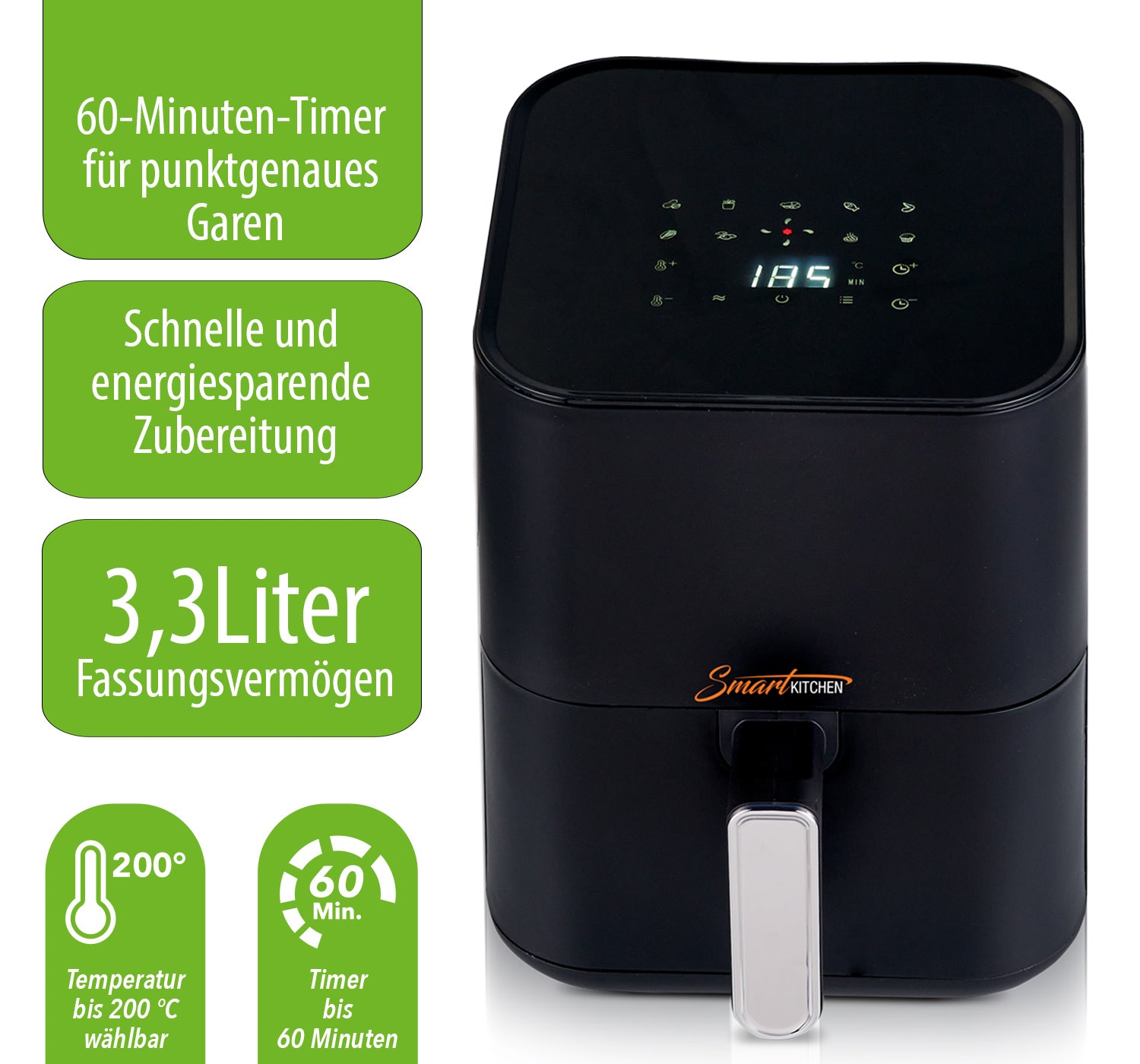 Smart Kittchen Heissluft-Fritteuse, 3,3L, 1200W, digital, Touch-Screen