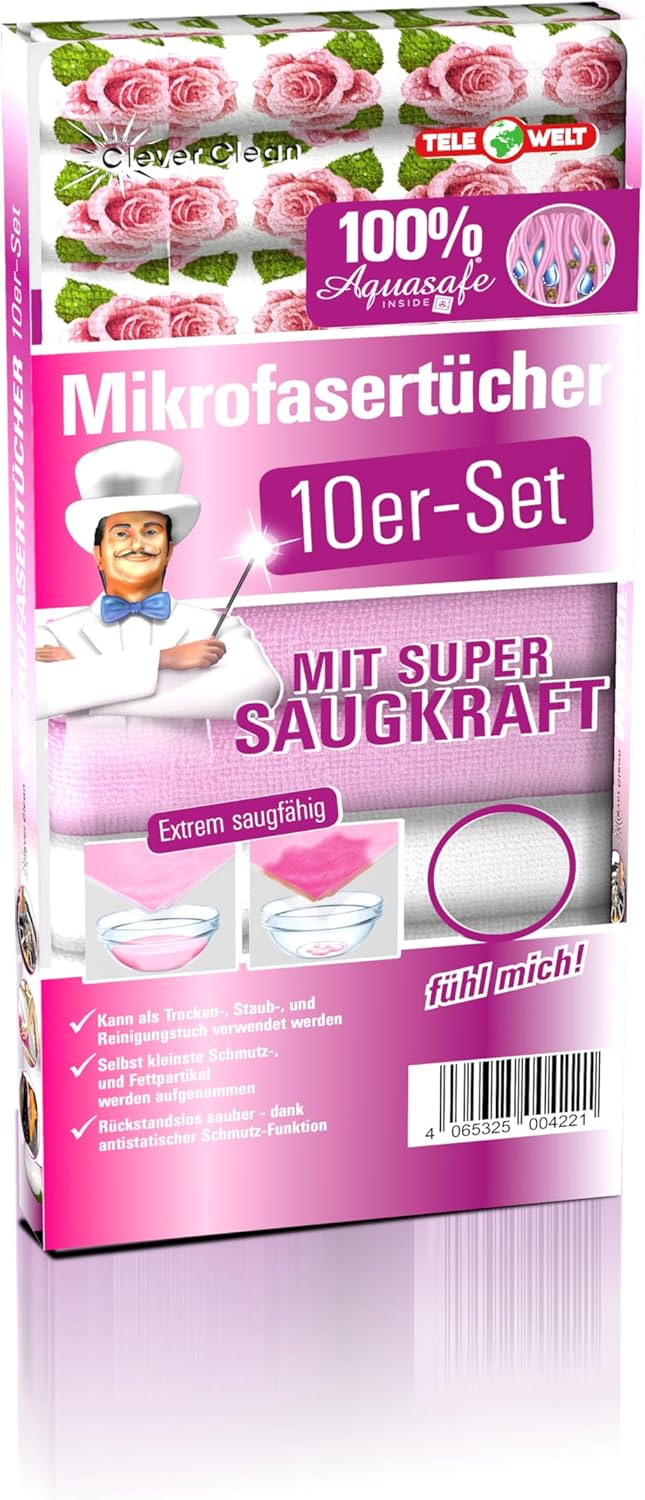 Clever Clean Mikrofaser Tücher 10er Set 30 x 30 cm (4 x Rose 3 x weiß 3 x rosa)