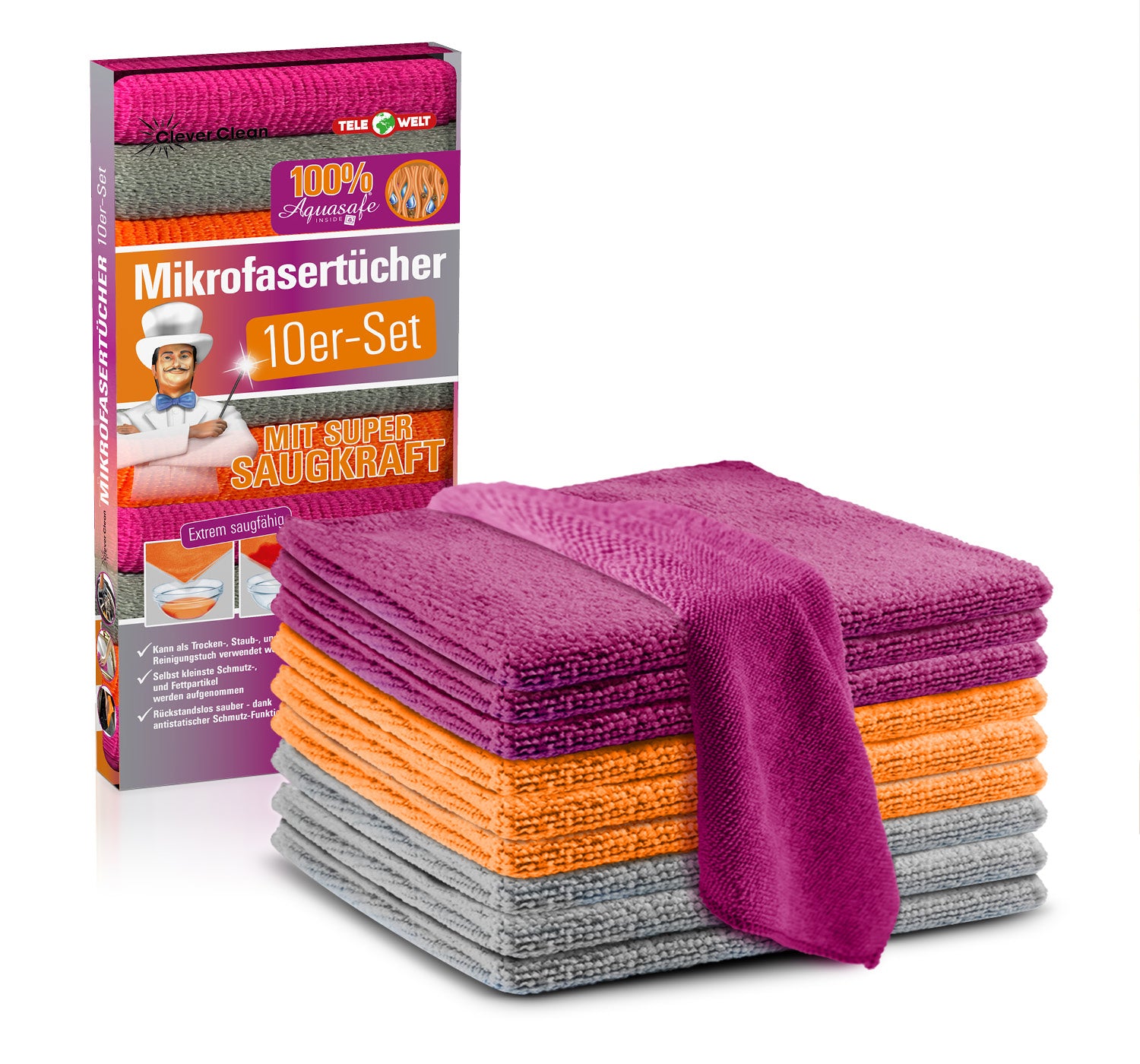 Clever Clean Super Mikrofasertücherset 10-tlg in 3 Farben (orange, grau, beere)-1