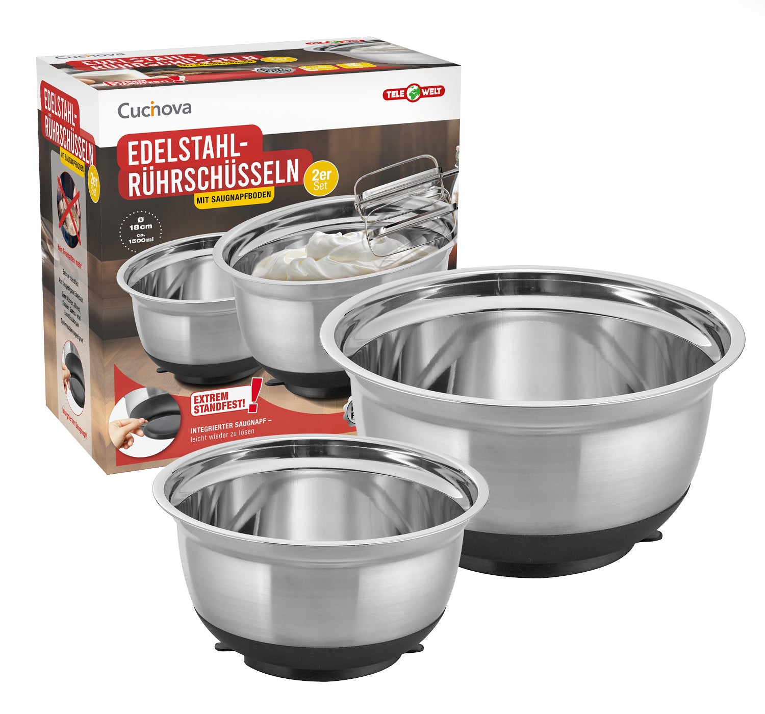 Cucinova 2er Set Edelstahlrührschüssel Set 18 cm und 22 cm mit Saugnapf-1
