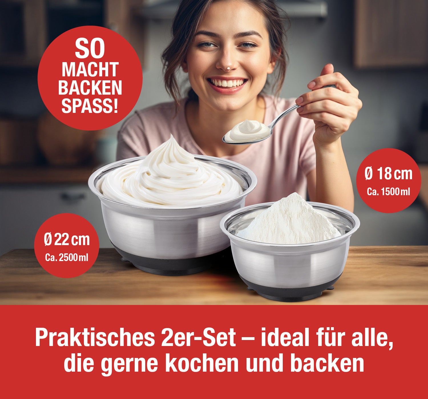 Cucinova 2er Set Edelstahlrührschüssel Set 18 cm und 22 cm mit Saugnapf-4