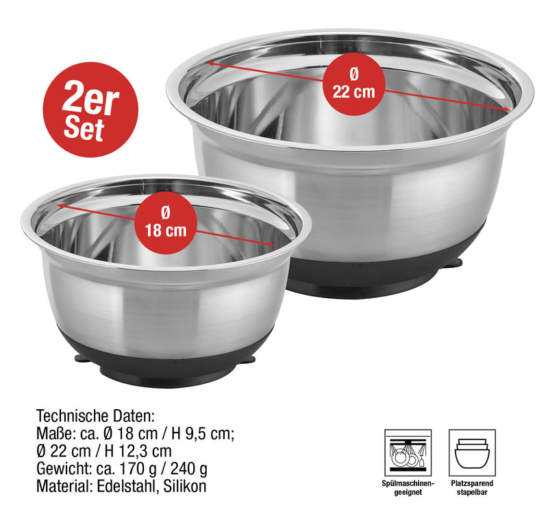 Cucinova 2er Set Edelstahlrührschüssel Set 18 cm und 22 cm mit Saugnapf-7