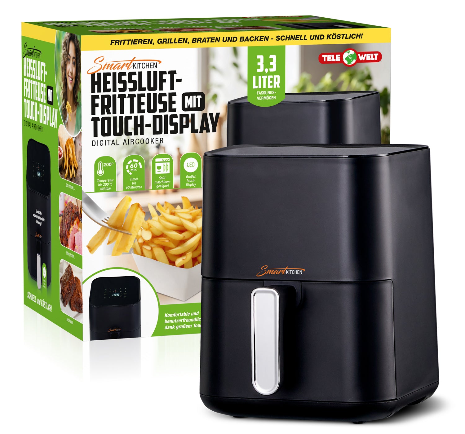 Smart Kittchen Heissluft-Fritteuse, 3,3L, 1200W, digital, Touch-Screen